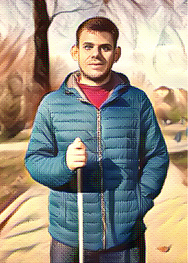 An art about a man wearing a blue jacket