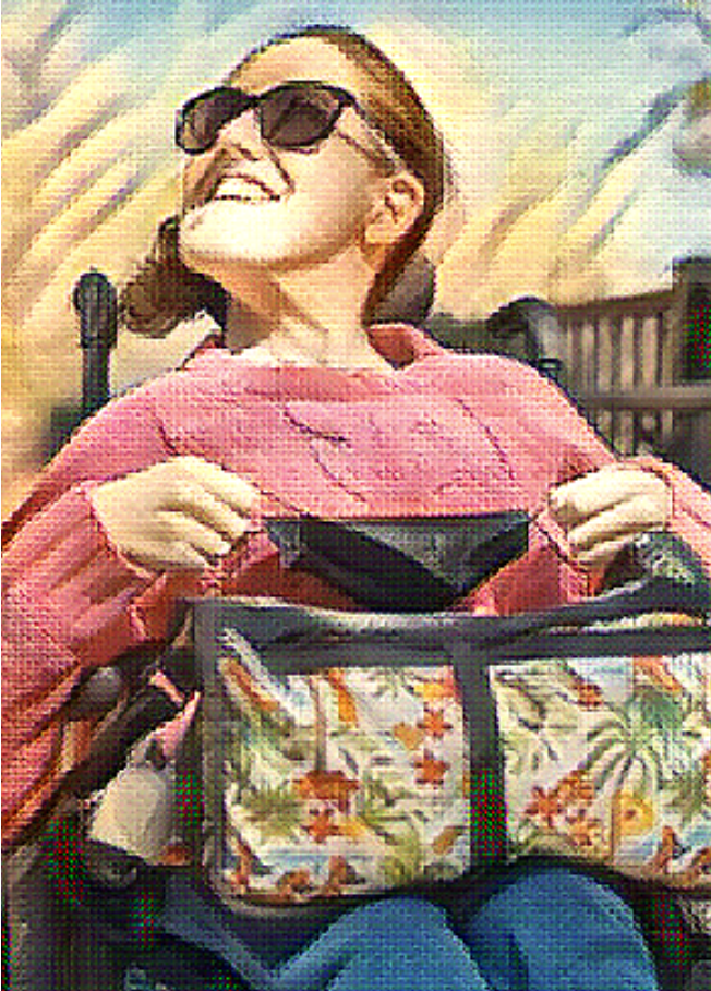 An art about a woman wearing sunglasses and pink sweater while looking up into the sky